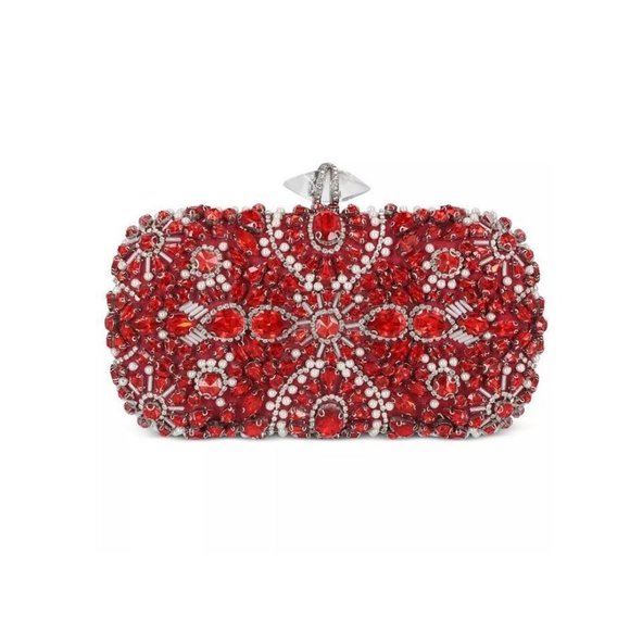INC International Concepts Handbags - INC Ranndi beaded embellished crystal clutch minaudiere - RED/SILVER